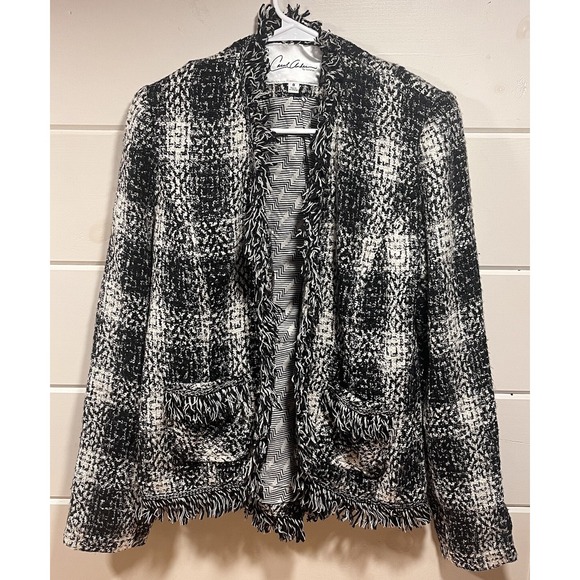 CAbi Carol Womens Lined Jacket/Blazer Black&White Tweed Plaid Fringe Trim Size 8 - Picture 2 of 14